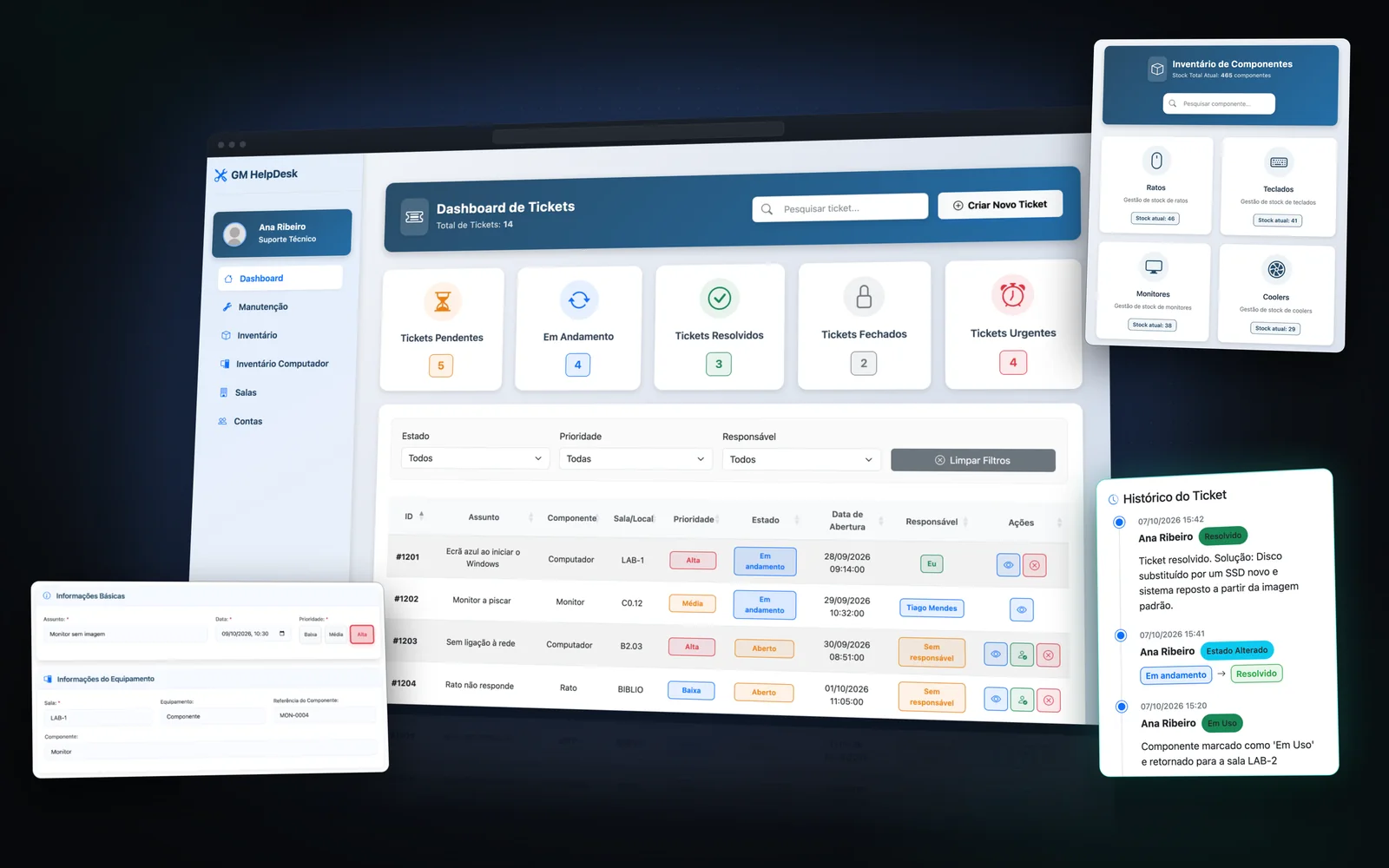 Lista de tickets do GM HelpDesk para o suporte informático de uma escola